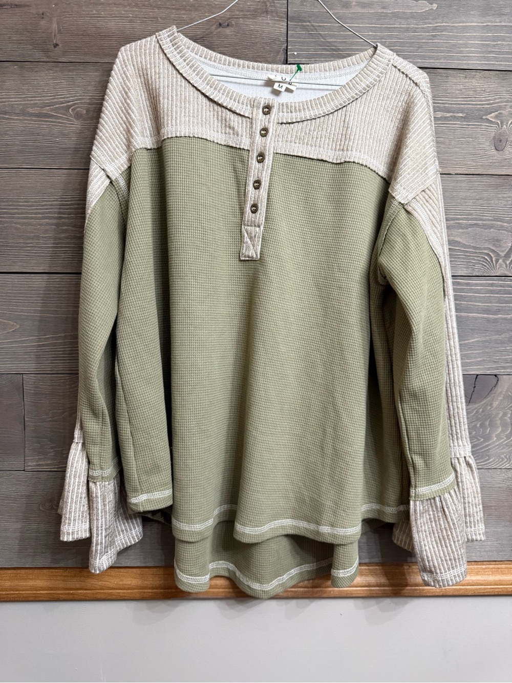 POL Olive & Cream Waffle Henley Knit Top